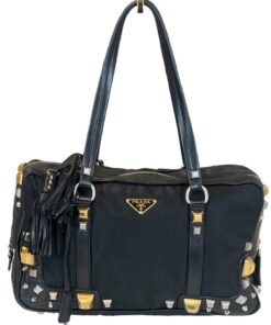 Borsa Prada Borchiata in Nylon e Pelle Nera