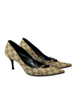 Scarpe Décolleté Gucci in Tela GG Beige e Marrone con Fiocco