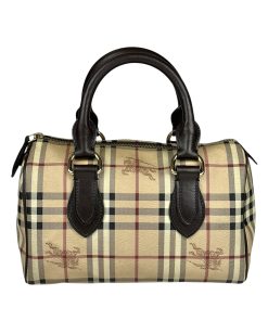 Borsa Burberry Bowling in tessuto Burberry Check e Pelle Marrone Scuro