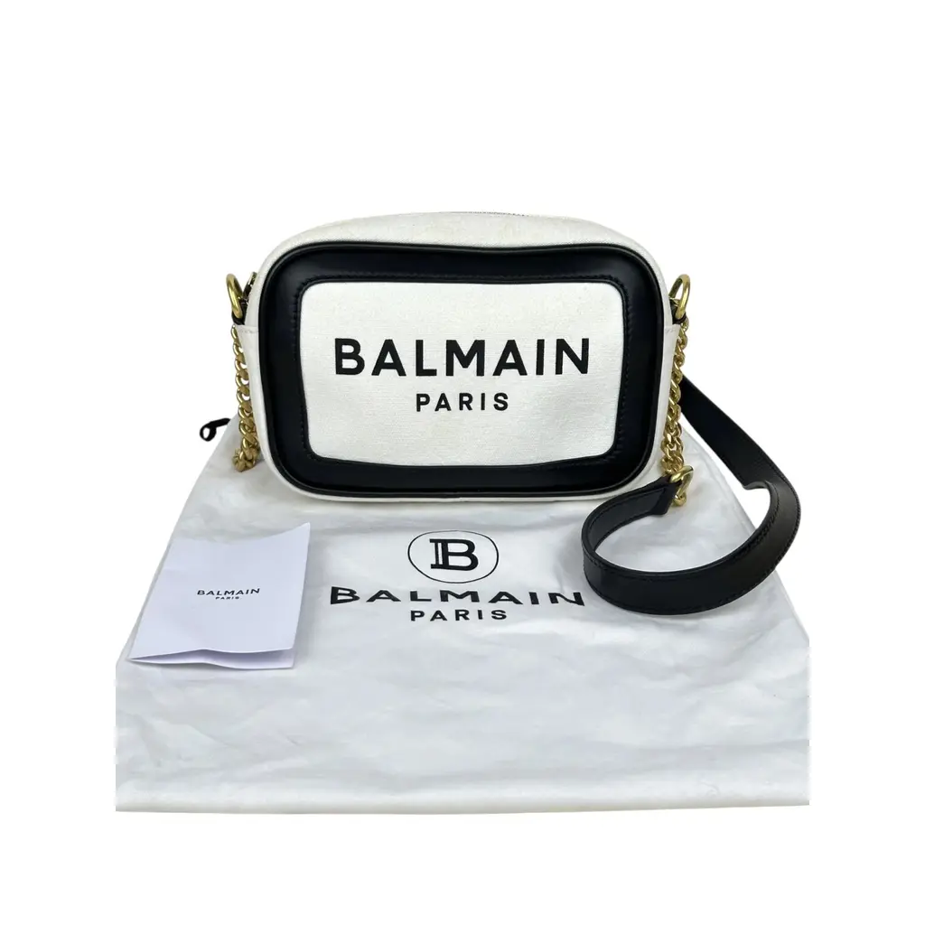 Borsa a Tracolla Balmain in Cotone Bianco e Pelle Nera