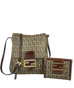 Set Borsa + Portafoglio Fendi Zucchino Vintage in Tela e Pelle Marrone