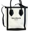 Shopper Balmain in Tessuto Bianco e Pelle Nera con Tracolla