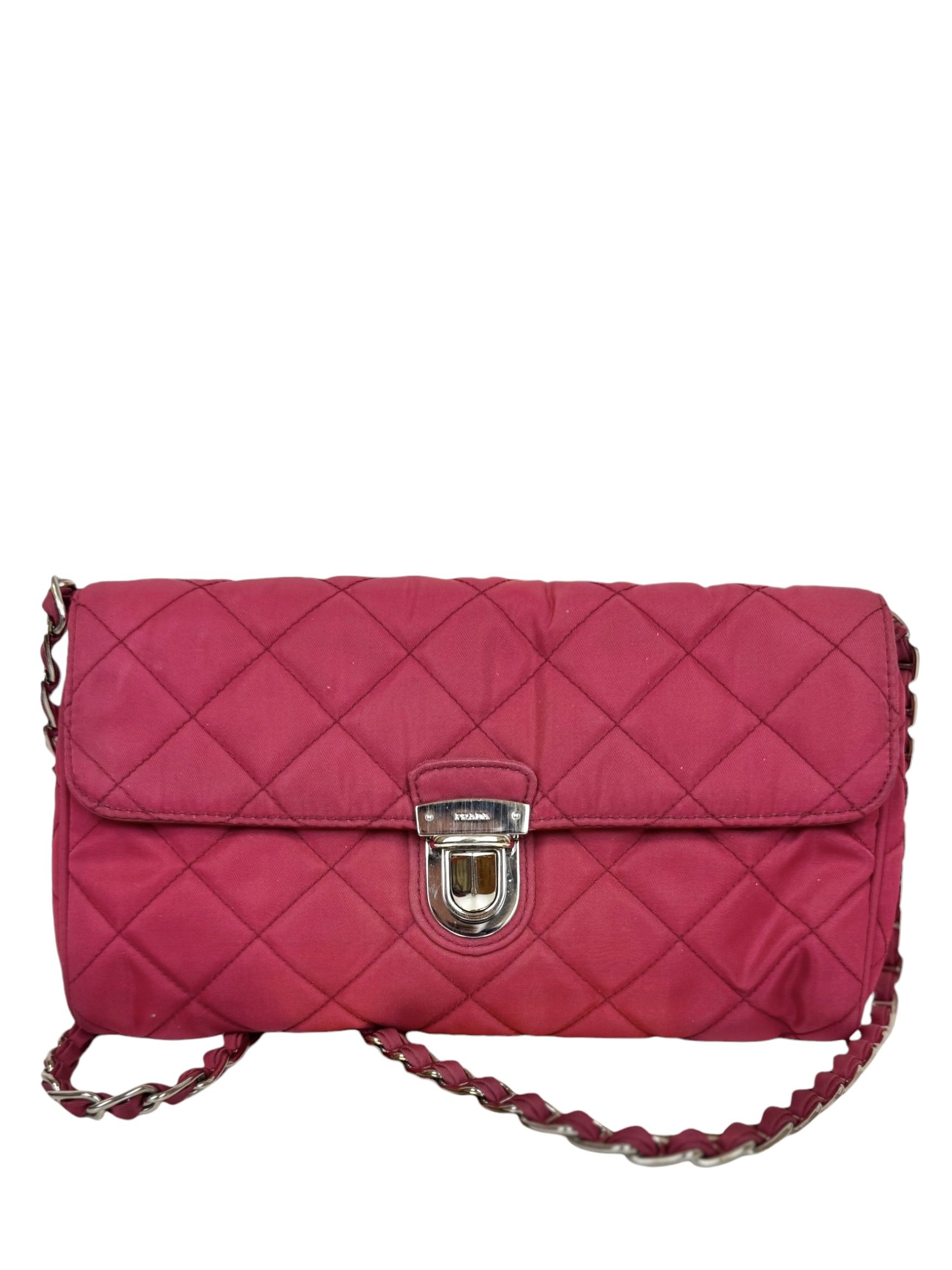 Borsa Prada a Tracolla in Nylon Fucsia con Catena Argento