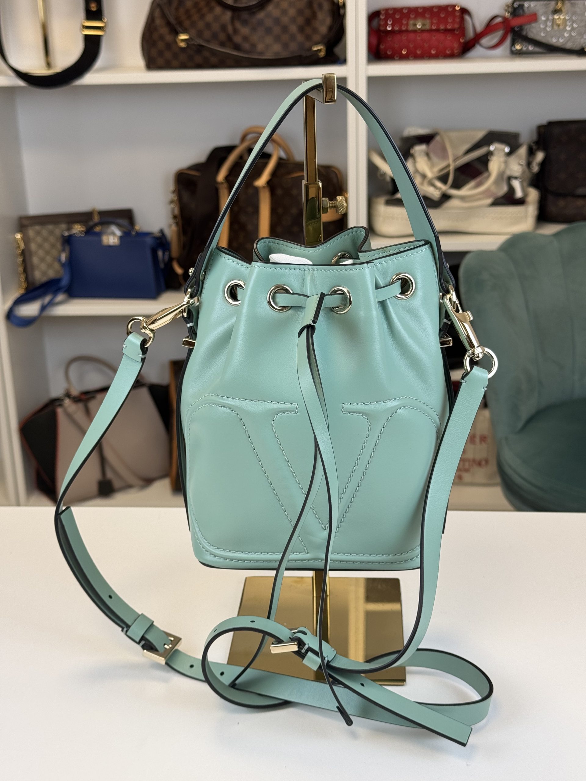 Borsa Secchiello Valentino Garavani VLogo Pelle Teal