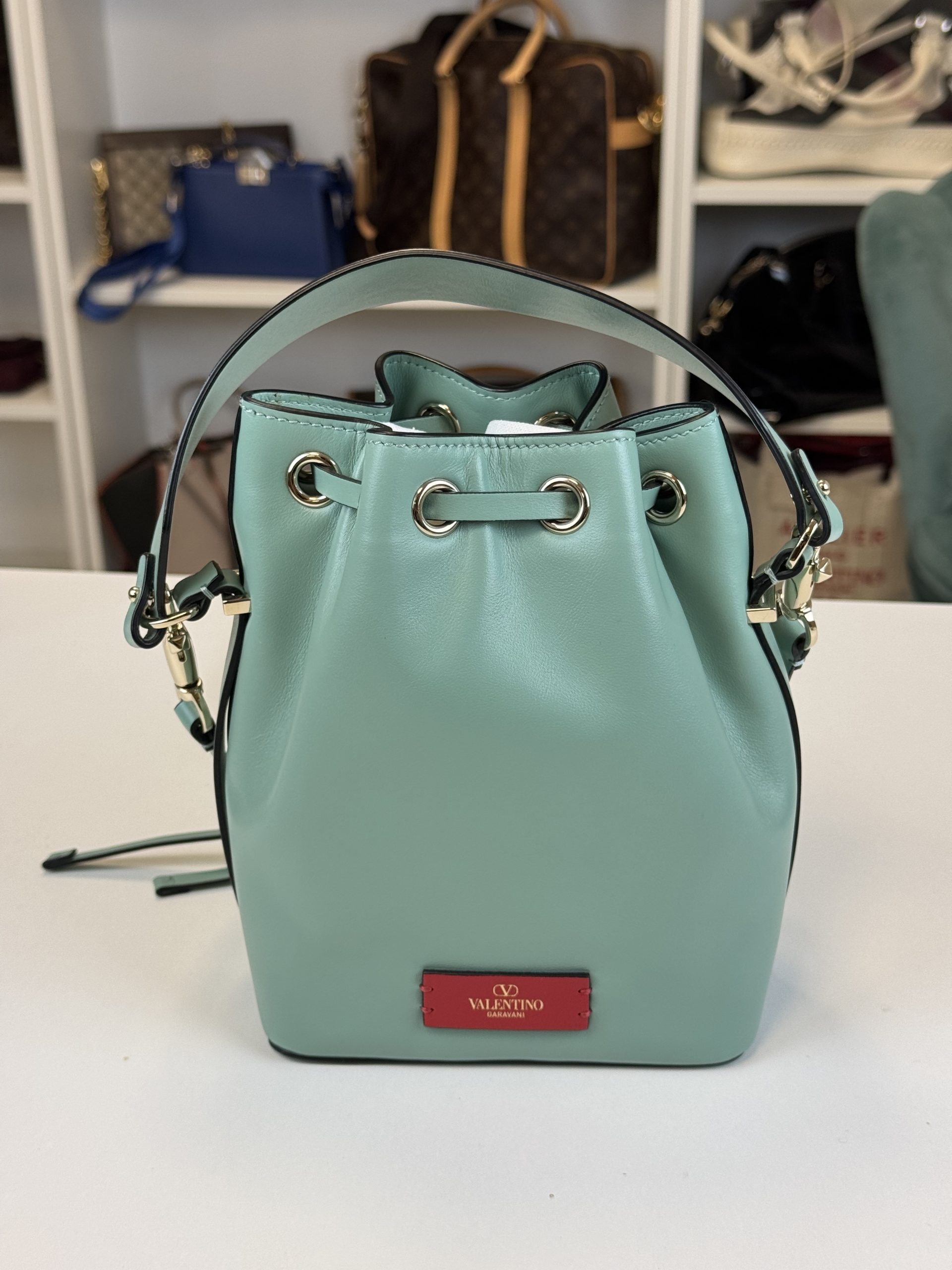 Borsa Secchiello Valentino Garavani VLogo Pelle Teal - immagine 2