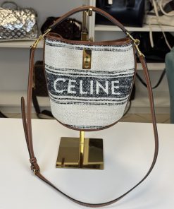 Borsa Celine Teen Bucket 16 in Tessuto Jacquard e Pelle Marrone
