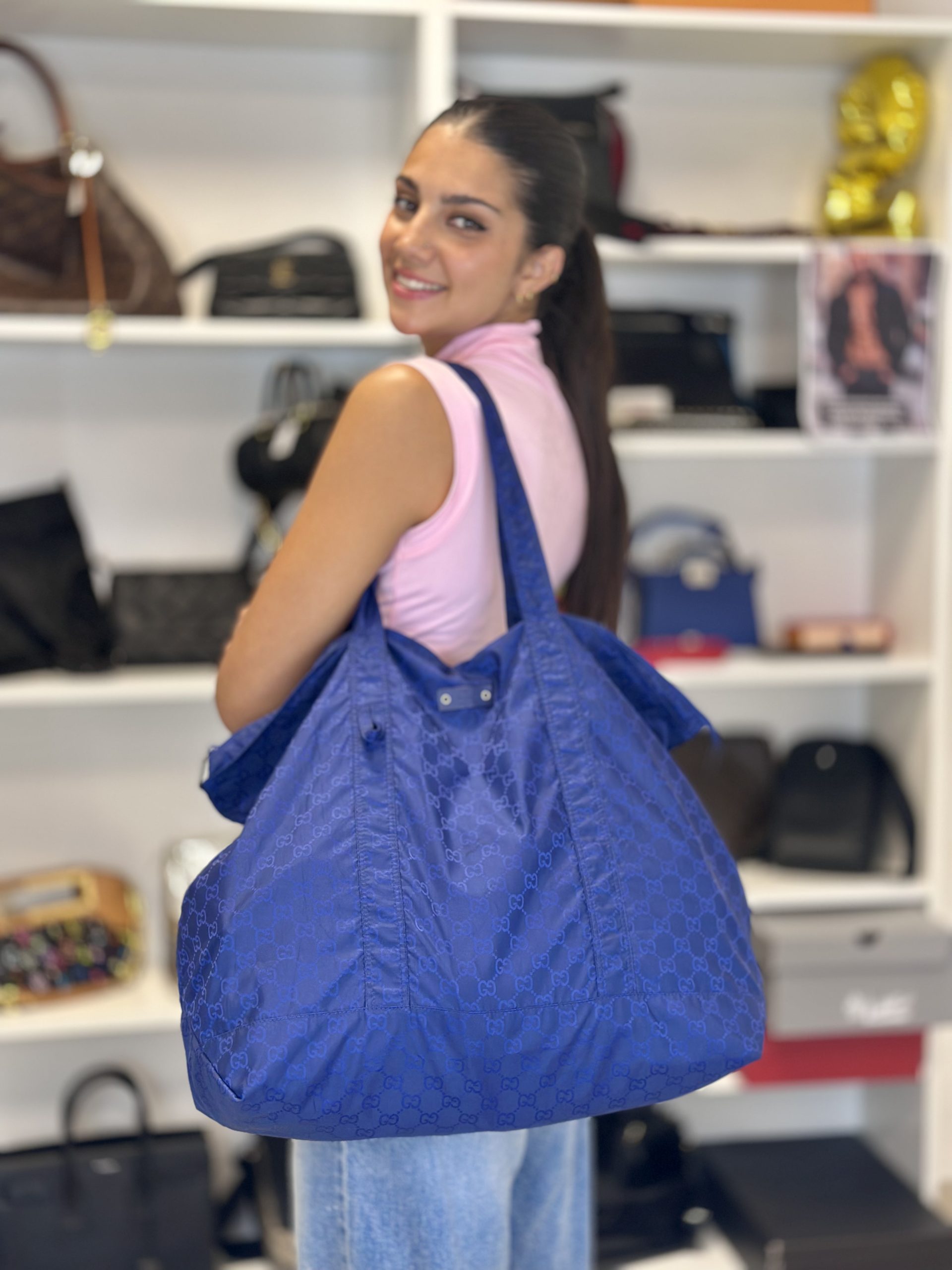 Borsa Tote Gucci Pieghevole in Nylon Blu - immagine 3