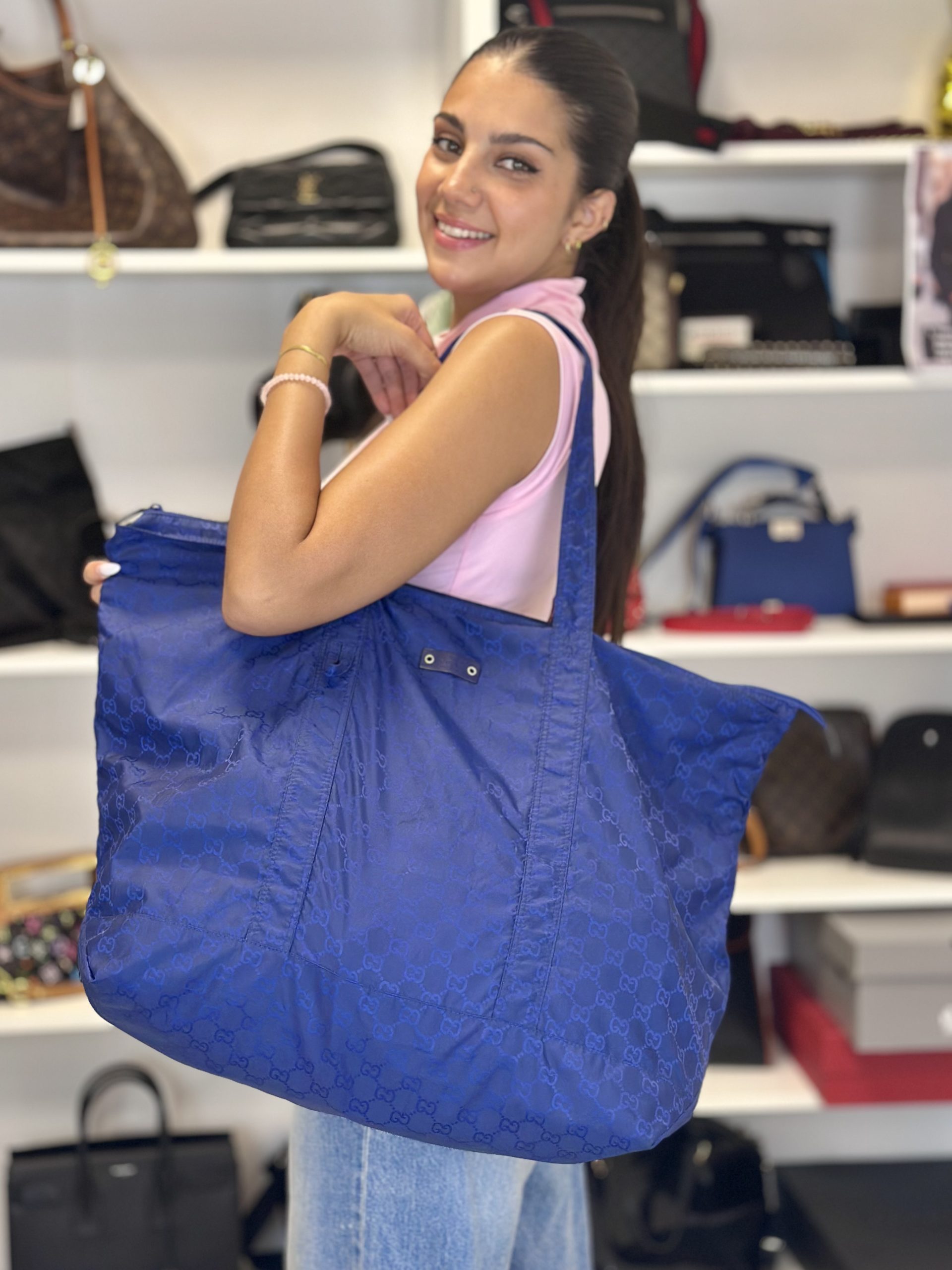 Borsa Tote Gucci Pieghevole in Nylon Blu - immagine 2